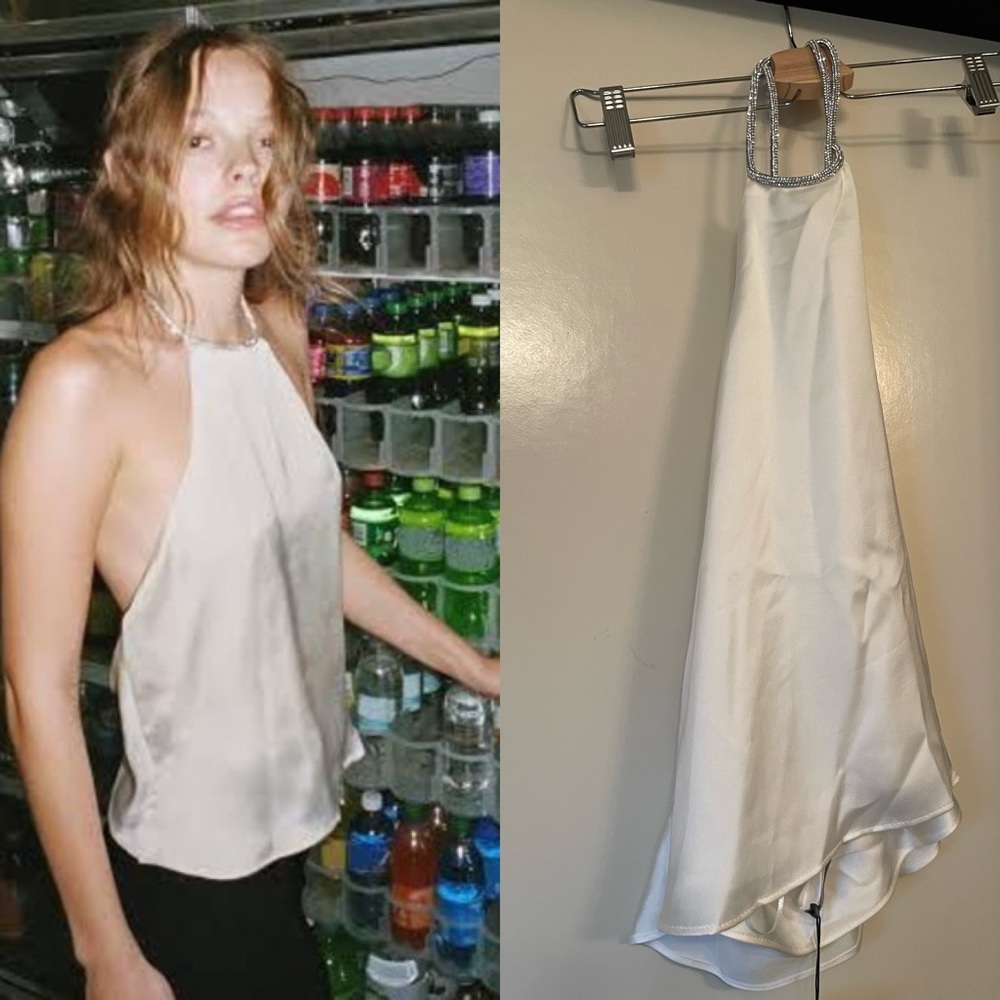 Zara Satin Effect Silver Rhinestone Halter Top Cream/Ivory Size M